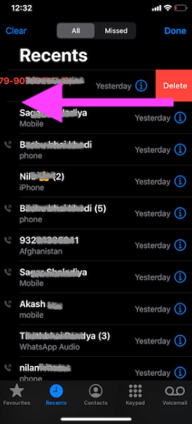 usuń ostatnie połączenie na iPhonie