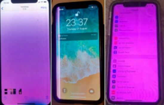 Fioletowy ekran iPhone'a, fioletowe linie i fioletowy odcień