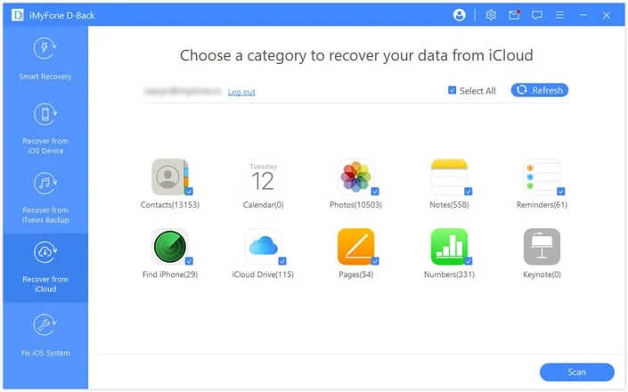 wybierz typy danych z konta icloud