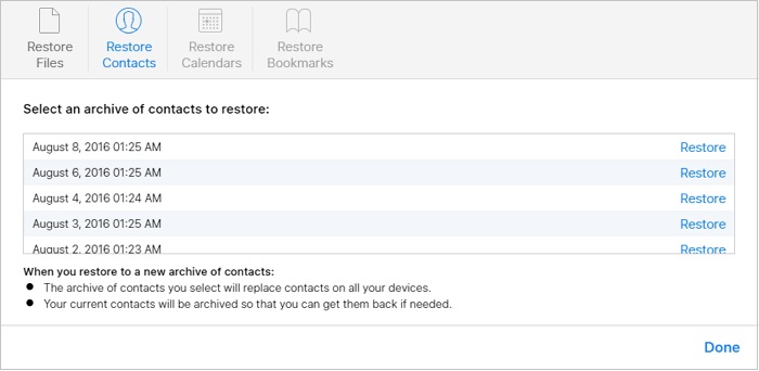Przywróć kontakty z iCloud.com