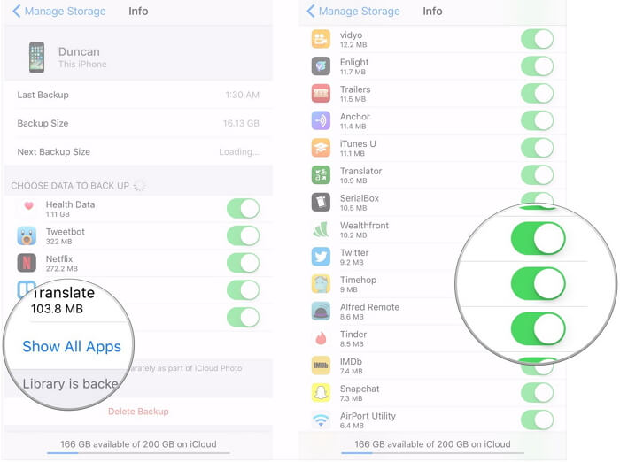 wybierz dane do kopii zapasowej w iCloud