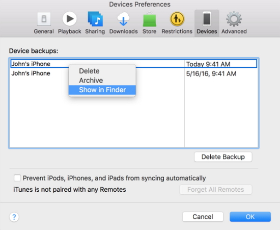 usuń kopię zapasową iTunes