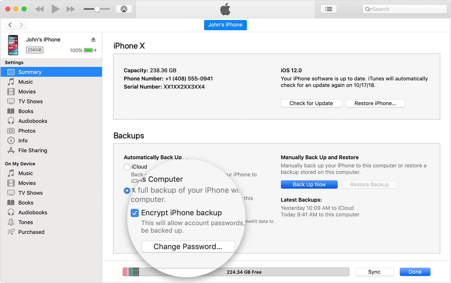 iTunes szyfruje hasło zapasowe