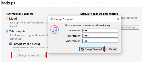 zmień hasło kopii zapasowej iTunes