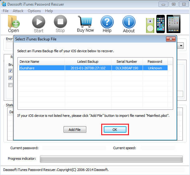 Plik importu Daossoft iTunes Password Rescuer