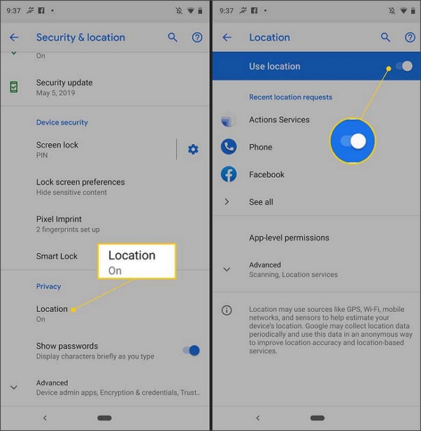 wyłącz usługi lokalizacyjne na telefonie z Androidem