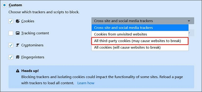 wyłącz śledzenie między witrynami w firefox