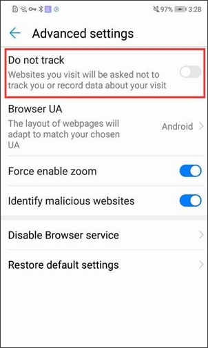 dotknij suwaka, aby włączyć opcję nie śledź w Android chrome