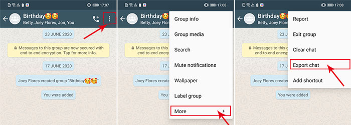 wybierz czat WhatsApp, aby wyeksportować Androida