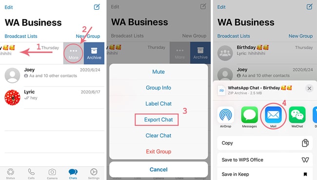kroki, aby wyeksportować biznes WhatsApp za pośrednictwem czatu e-mail