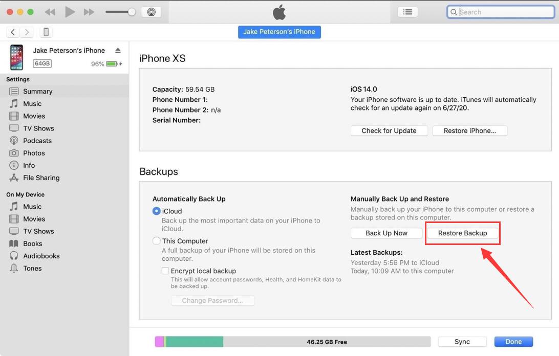 przywróć kopię zapasową przez iTunes