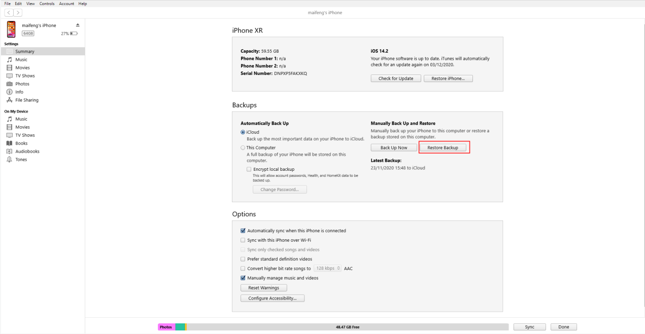 przywróć kopię zapasową z iTunes